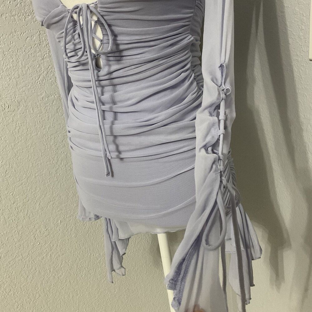 Y2K Style Whimsigoth Fairy Long Sleeve Ruched Mini Dress Purple Oh Polly Size 2 - Picture 3 of 8